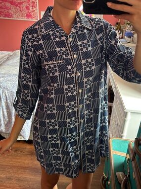 Navy & White Patterned Button-Down Shirt Dress